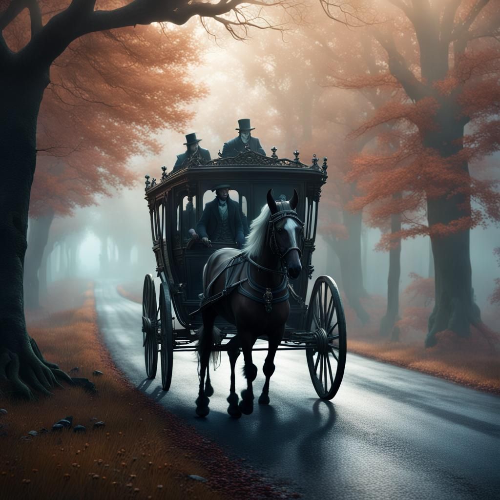 A spectral horse-drawn carriage carrying ghostly passengers down a misty road.