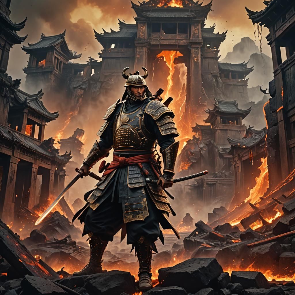 Samurai Warrior in Smoldering Ruins: Digital Matte Painting