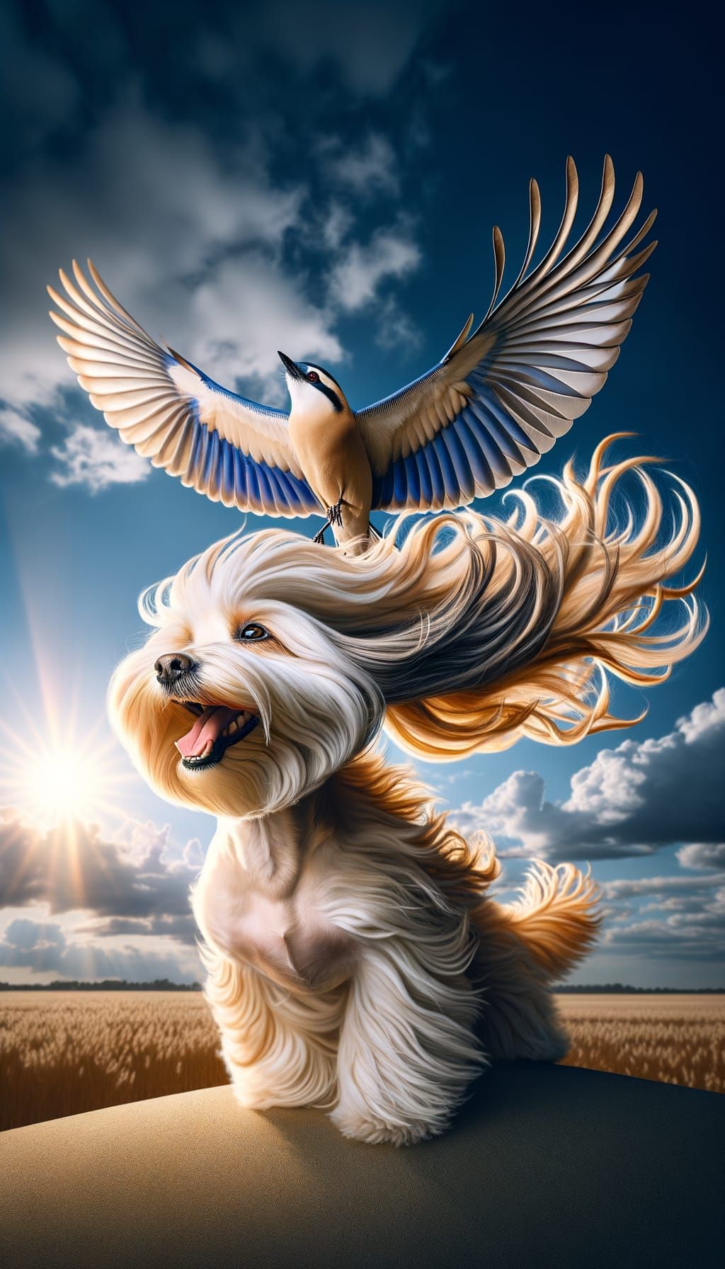 Havanese Dog Soaring with Bird in Realistic Detail