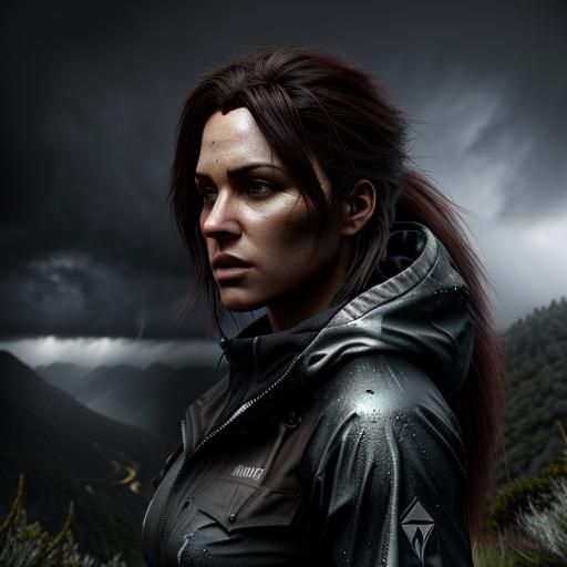 Woman Hiker in Stormy Mountains: Digital Art