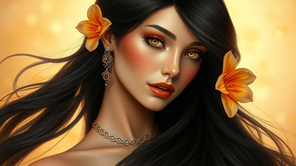 Elegant Woman with Flowing Hair and Exotic Flower