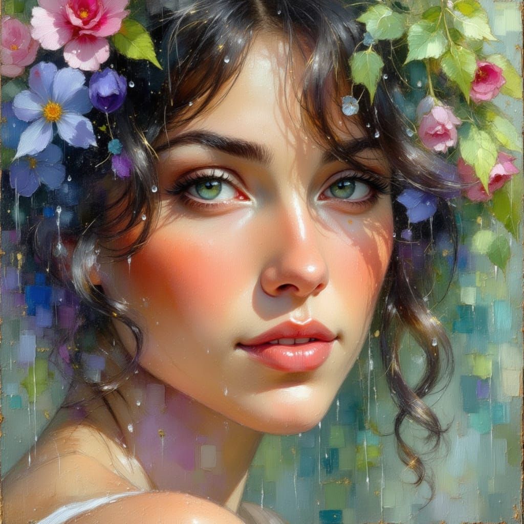 Mystic Woman Enjoys Summer Rain: Impressionistic Oil Paintin...