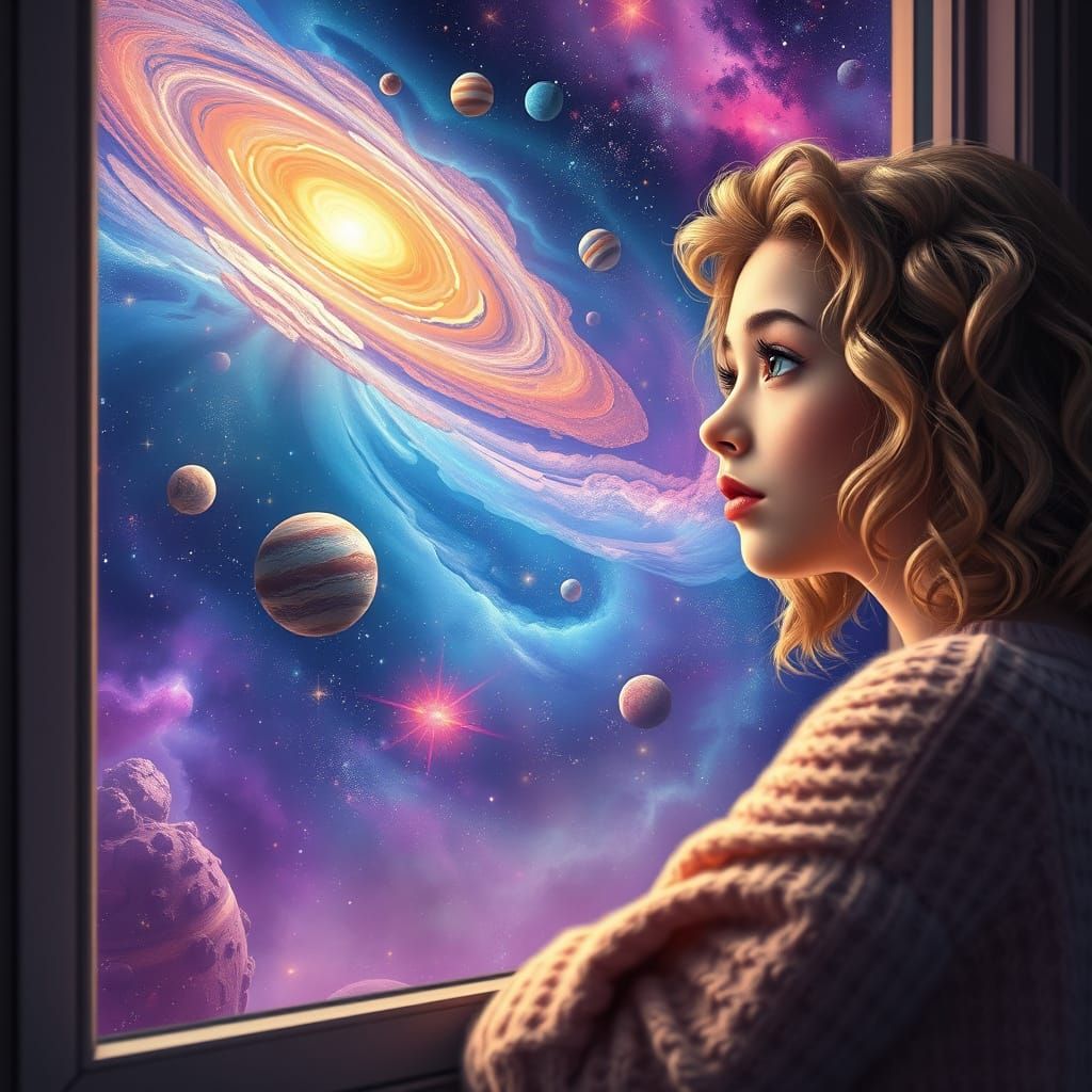 Woman Gazing at Cosmic Dreamscape in Hyperrealistic Style