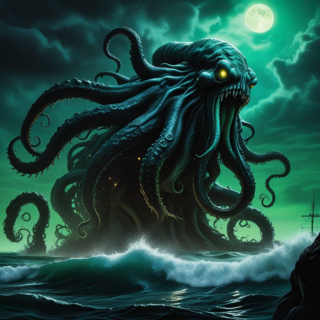 Giant Kraken Rising Under Green Moonlight
