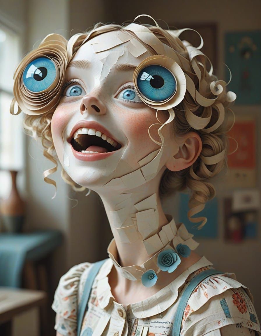Quirky Girl Laughing in Whimsical Paper Collage Style