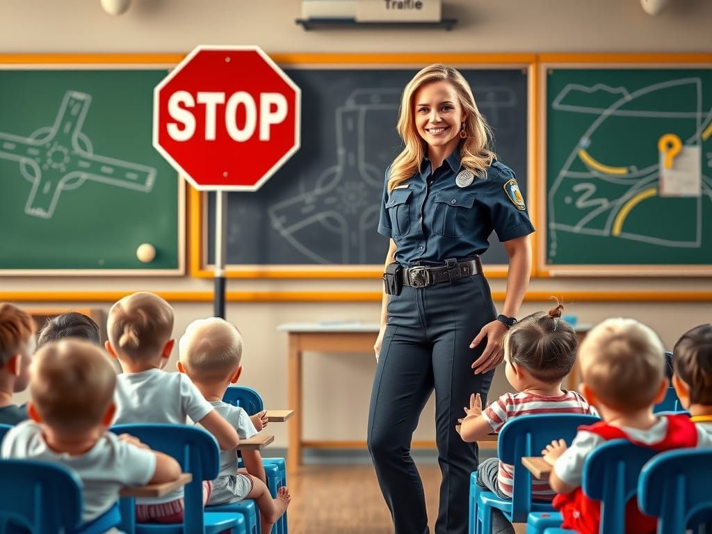 Photorealistic Police Officer Teaching Toddlers Road Safety