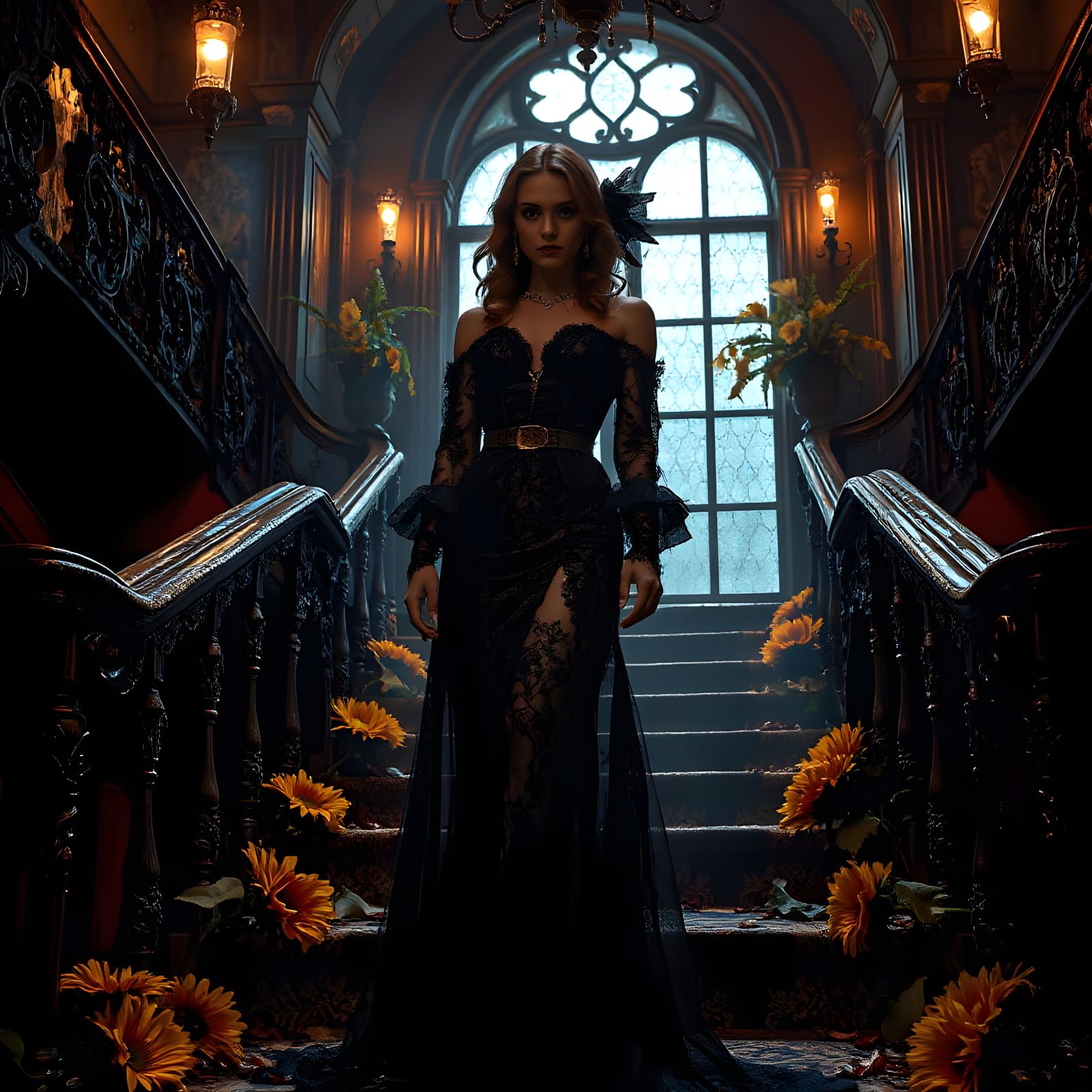 Victorian Vampire in Baroque Noir Portrait with Sunflowers