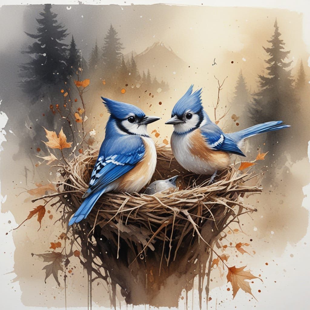 Adorable Bluejays in Nest, Watercolour Blend