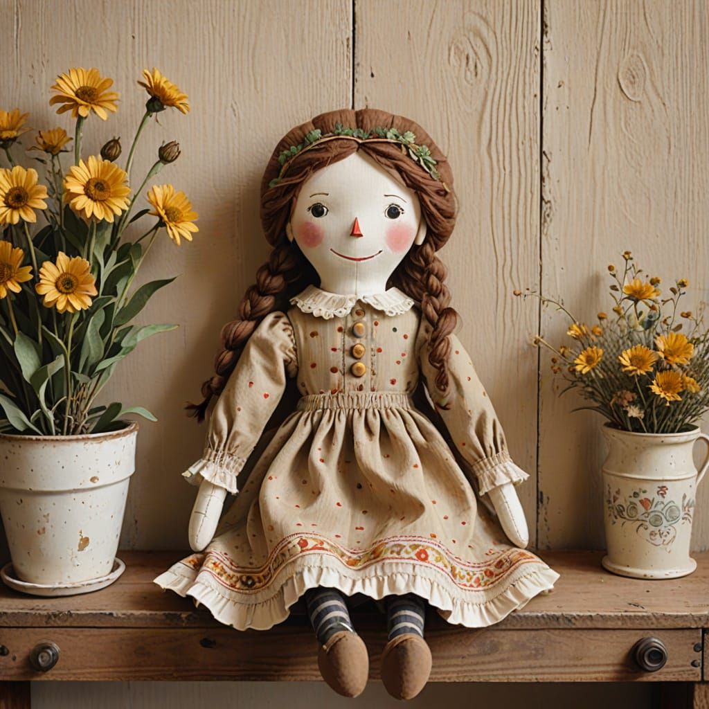 Whimsical Folk Art Raggedy Annie Doll
