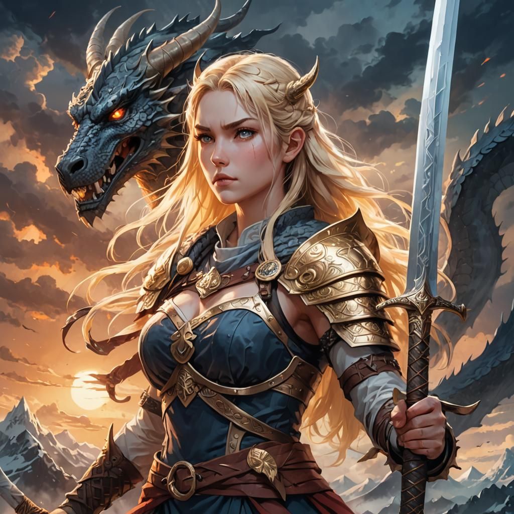Viking Warrior with Dragon Sword in Anime Style