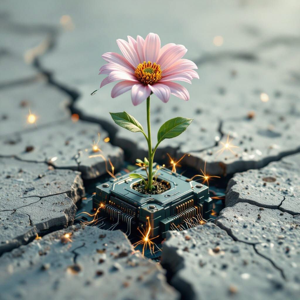 Flower Sprouts From Broken Robot in Cinematic Style