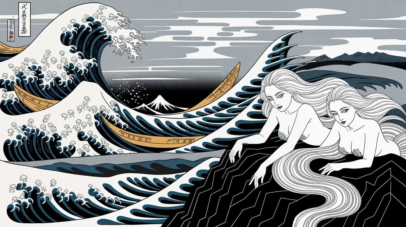 Mermaids on a Stormy Coast in Ukiyo-e Style
