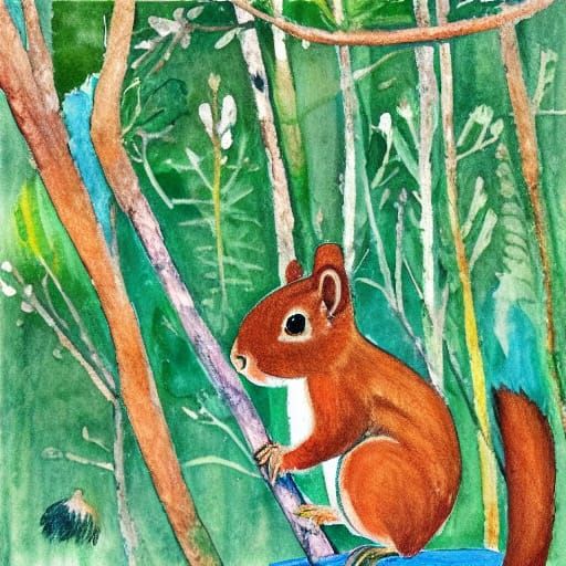 Whimsical Woodland Scene with Tiny Squirrel and Giant Pine N...