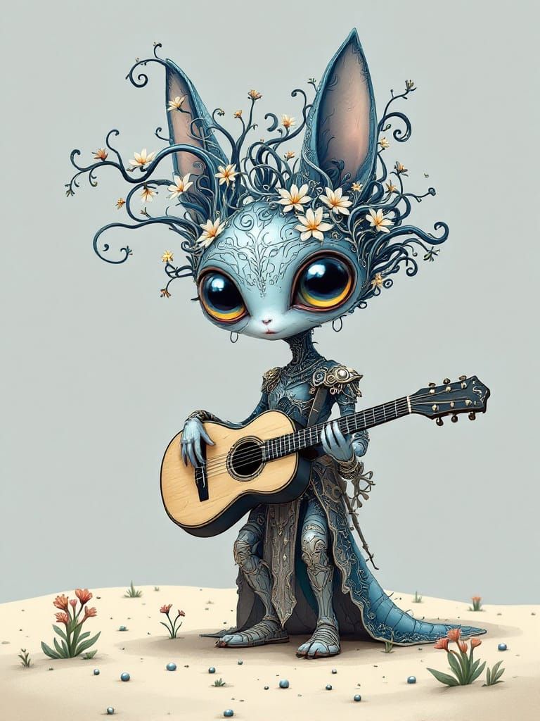 Surreal Alien with Guitar in Flat 2D Illustration