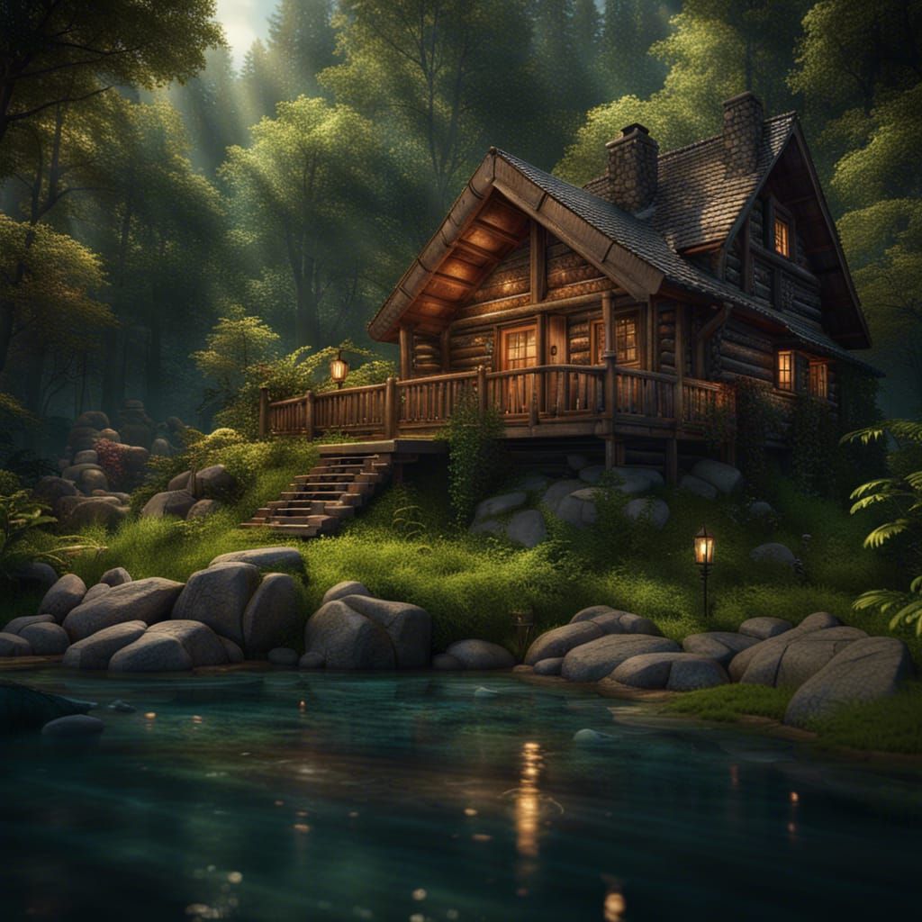 Cozy Cabin in Lush Forest: Detailed Matte Painting