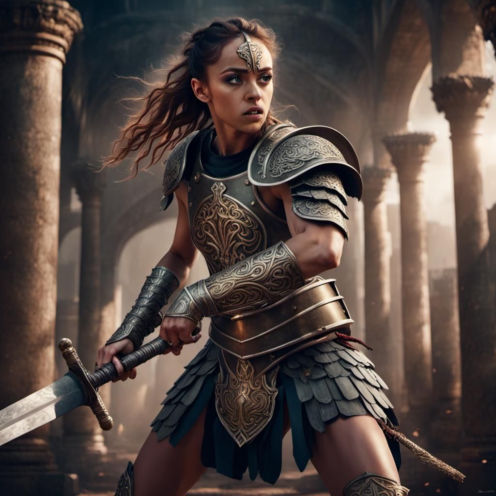 Epic Gladiator Woman in Digital Matte Painting