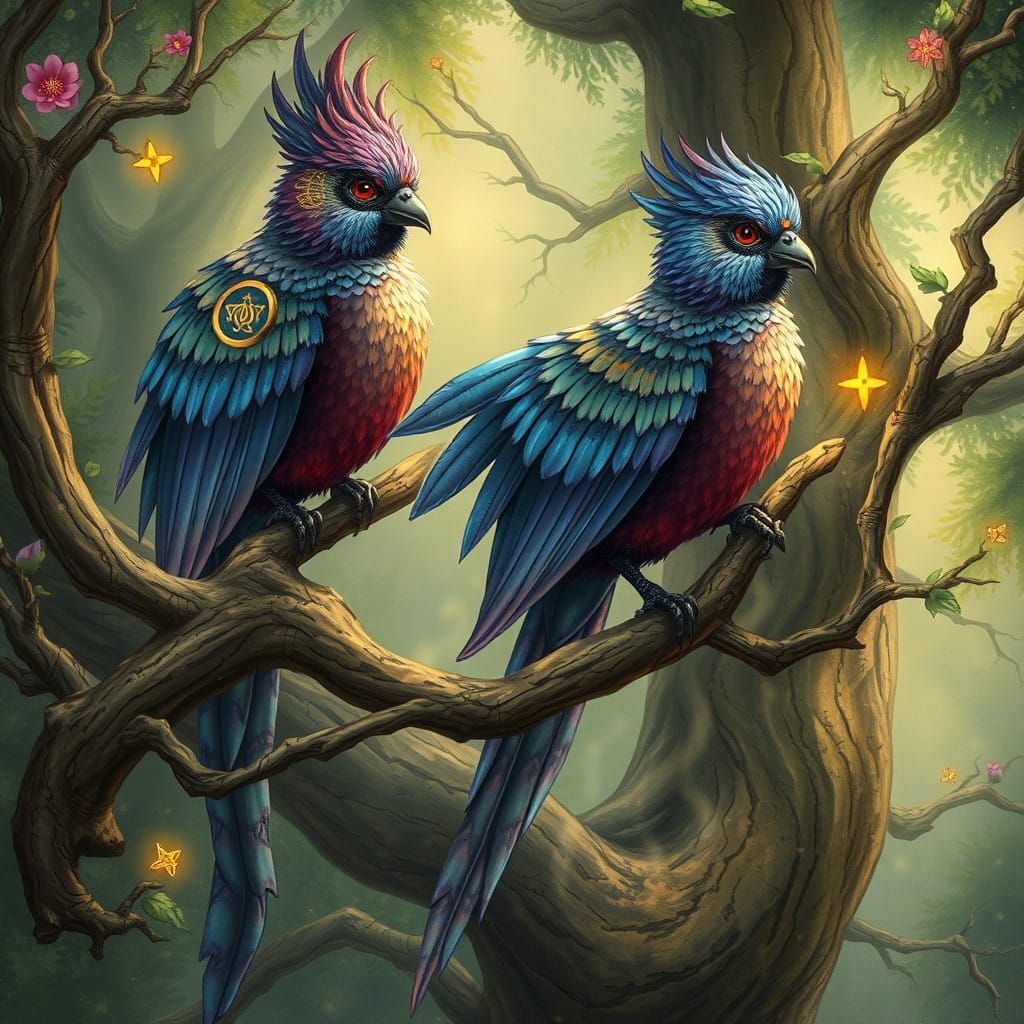 Majestic Spirit Forest Birds in Whimsical Fantasy Style