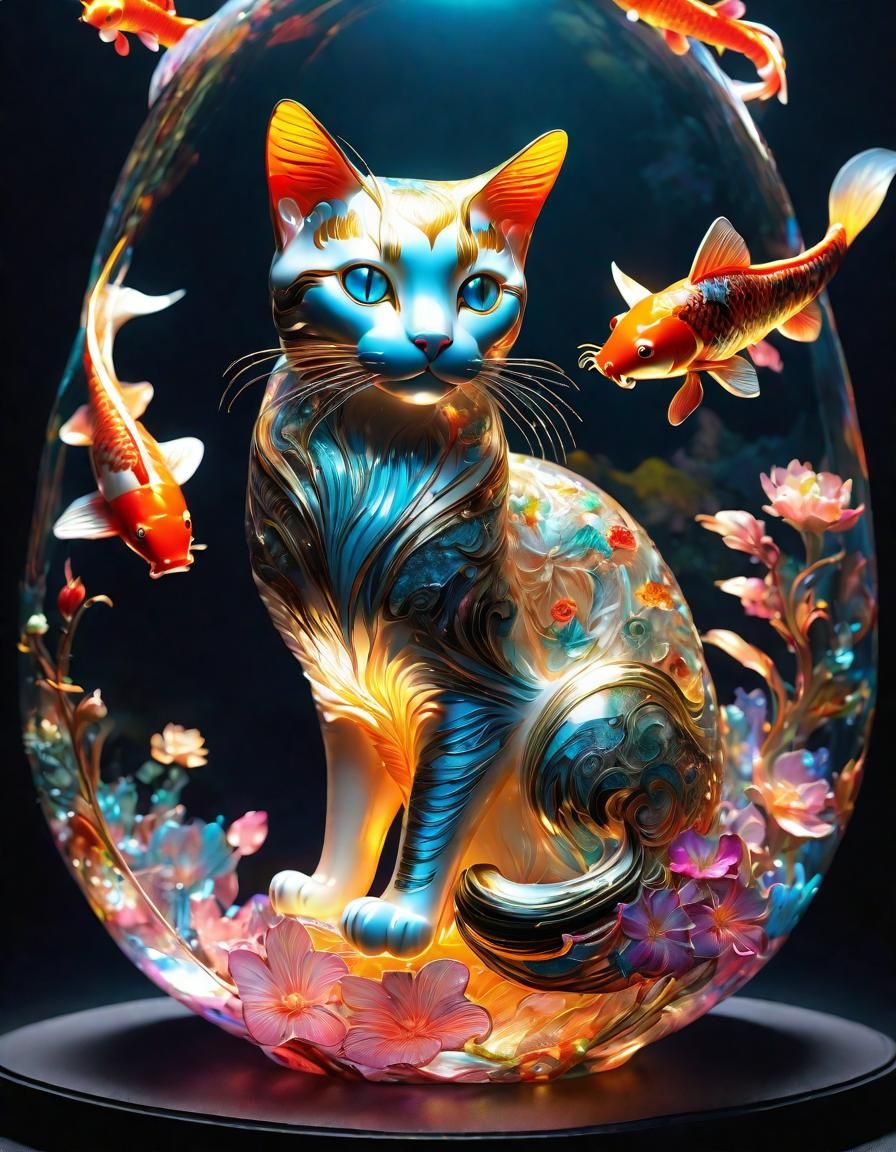 Illuminated Glass Cat & Fish