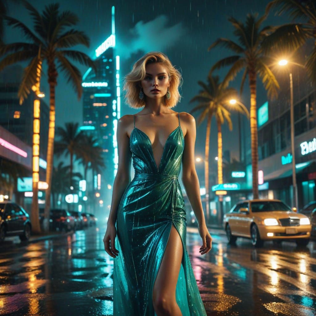 Blonde Supermodel in Retro Futuristic Night City