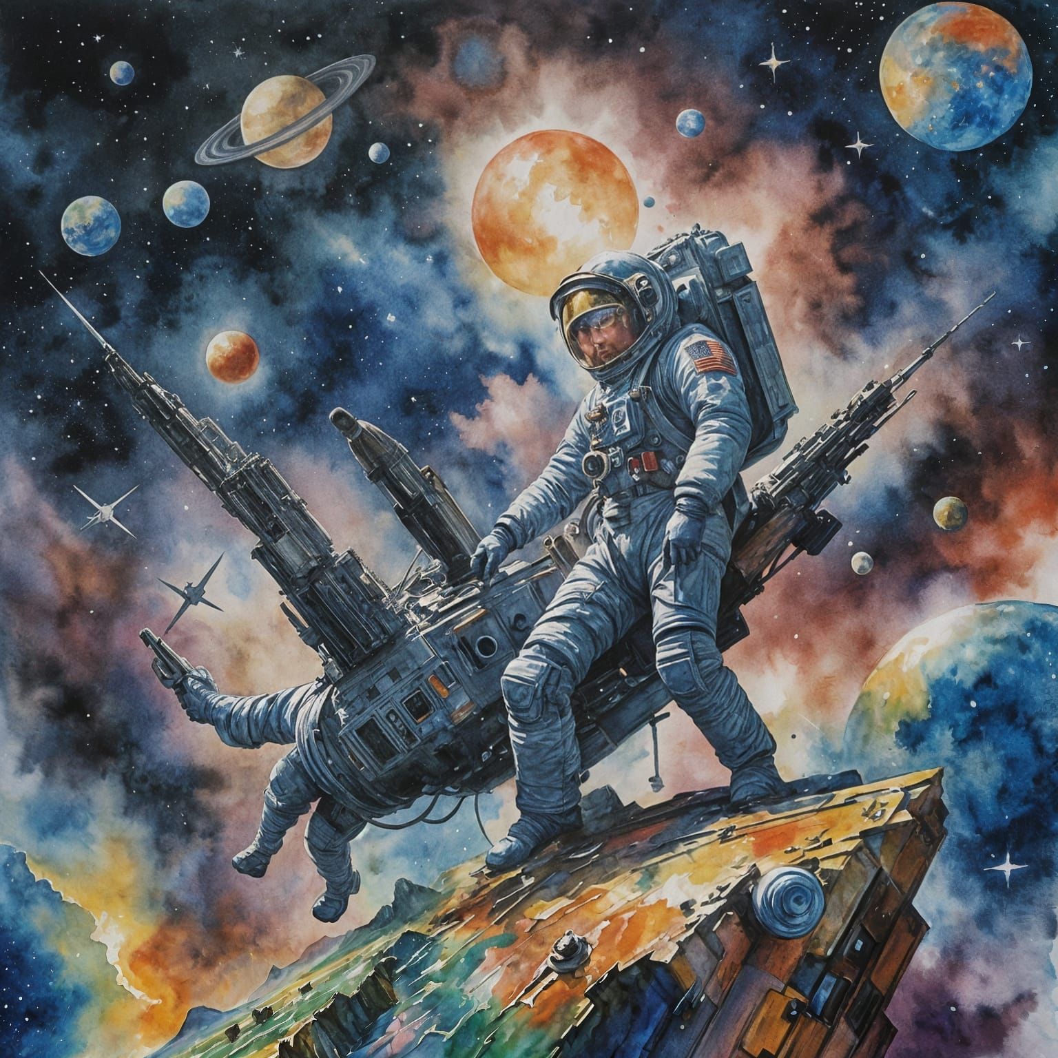 Watercolor Painting of Space in Gouache Style