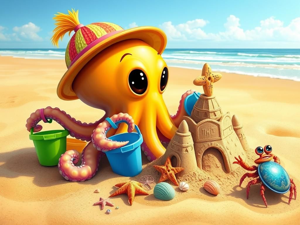 Octopus Builds Sandcastle on Sunny Beach, Animation Art