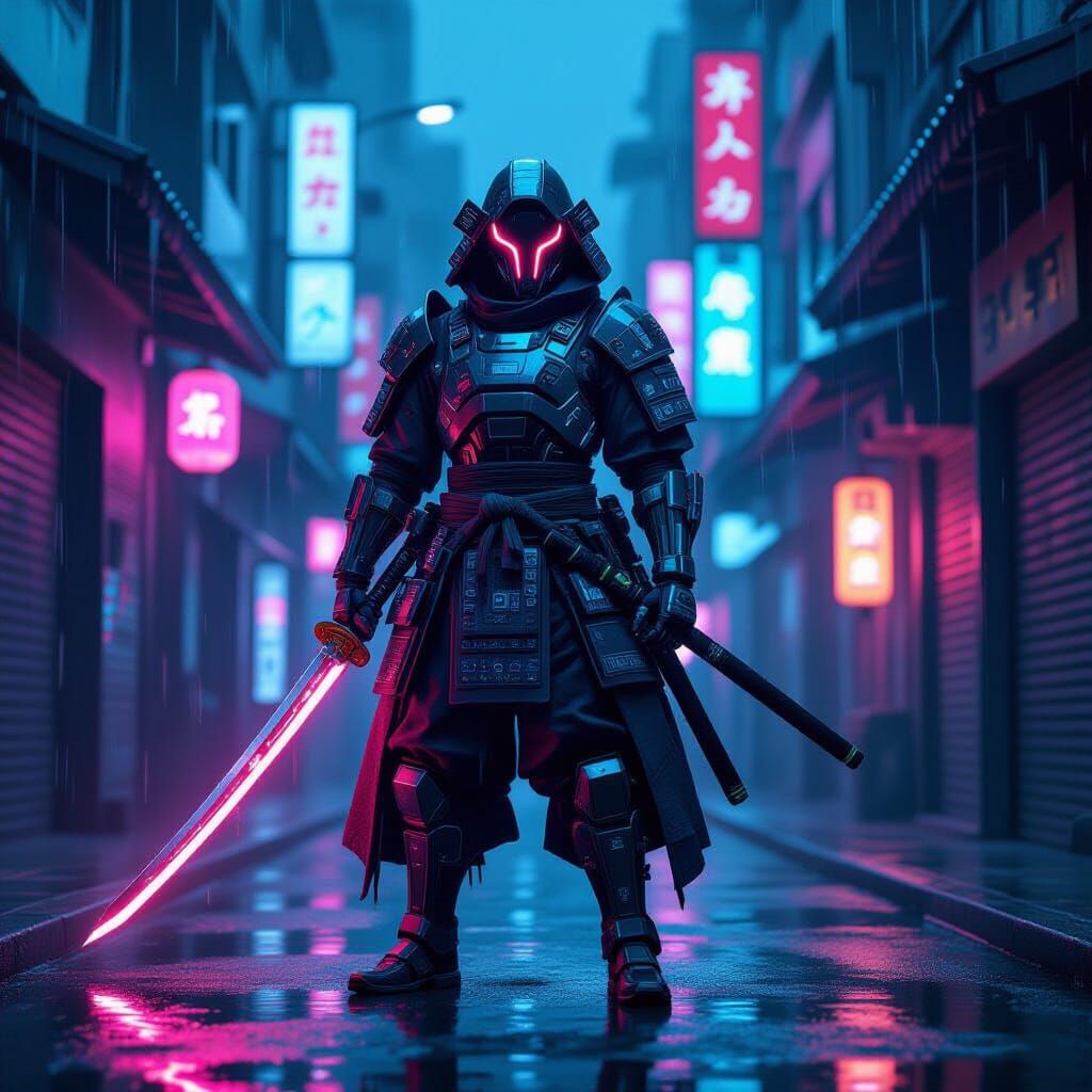 Cyberpunk Samurai Warrior in Neon City