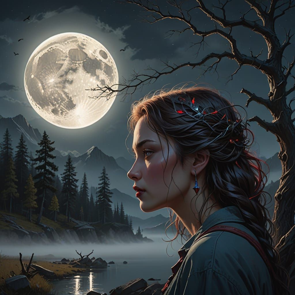 Woman's Profile Face in Whimsical Night Scene