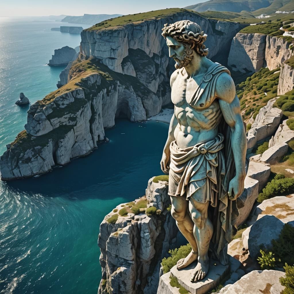 Greek Statue on Cliff Above Sea: Photorealistic Scene