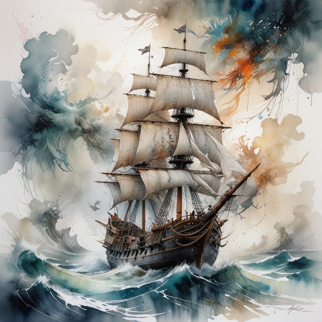 Galleon in Tempestuous Twilight: Watercolour Seascape