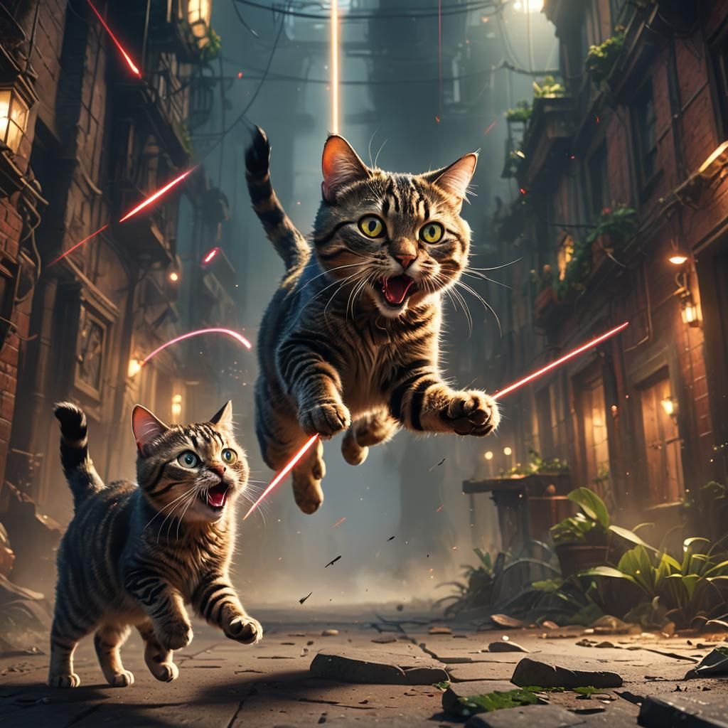 Excited Cat Chasing Laser Pointer, Digital Art