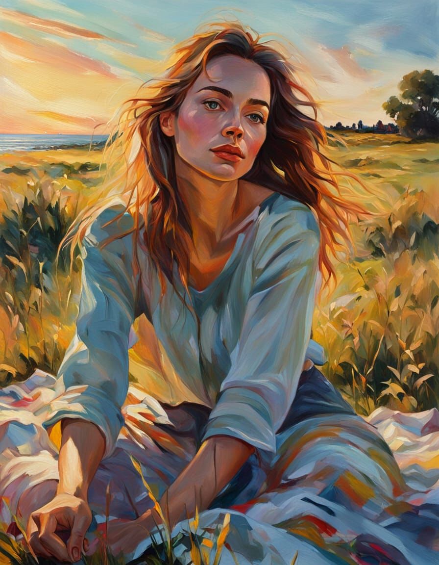 Girl in Meadow Oil Painting at Golden Hour