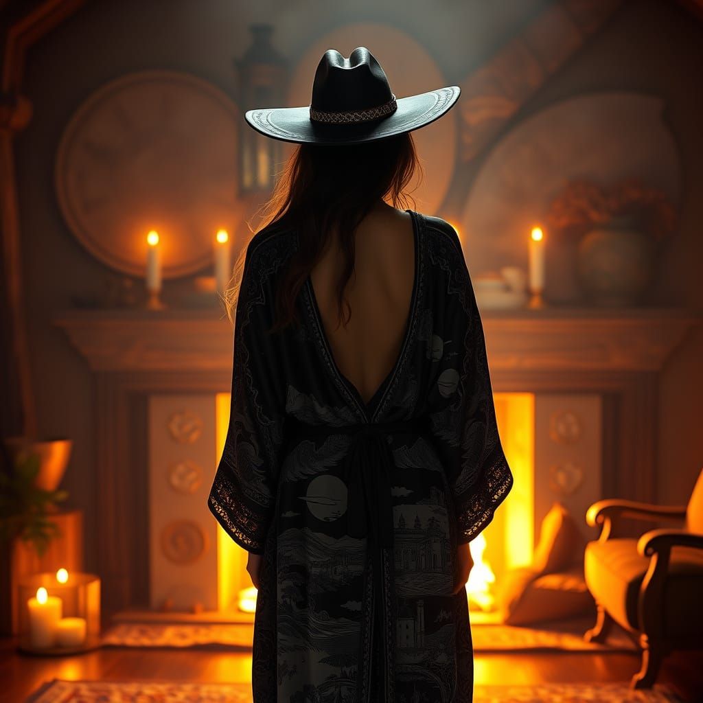 Fantasy Cowgirl in Mystical Landscape Robe, Standing in Fron...