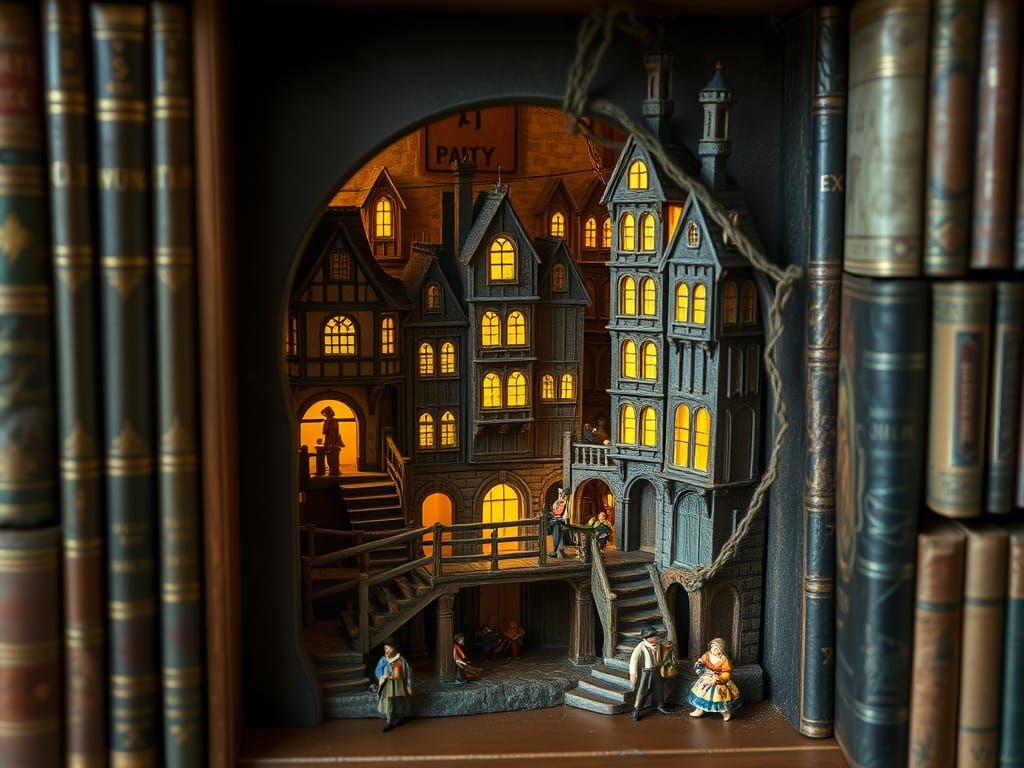 Miniature City in Bookshelf, Detailed Fantasy Art