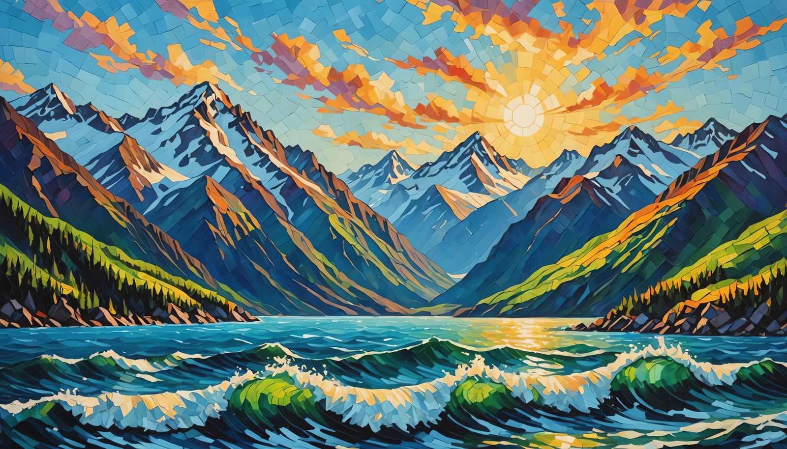 Vibrant Alaska Mountains in Impasto Style
