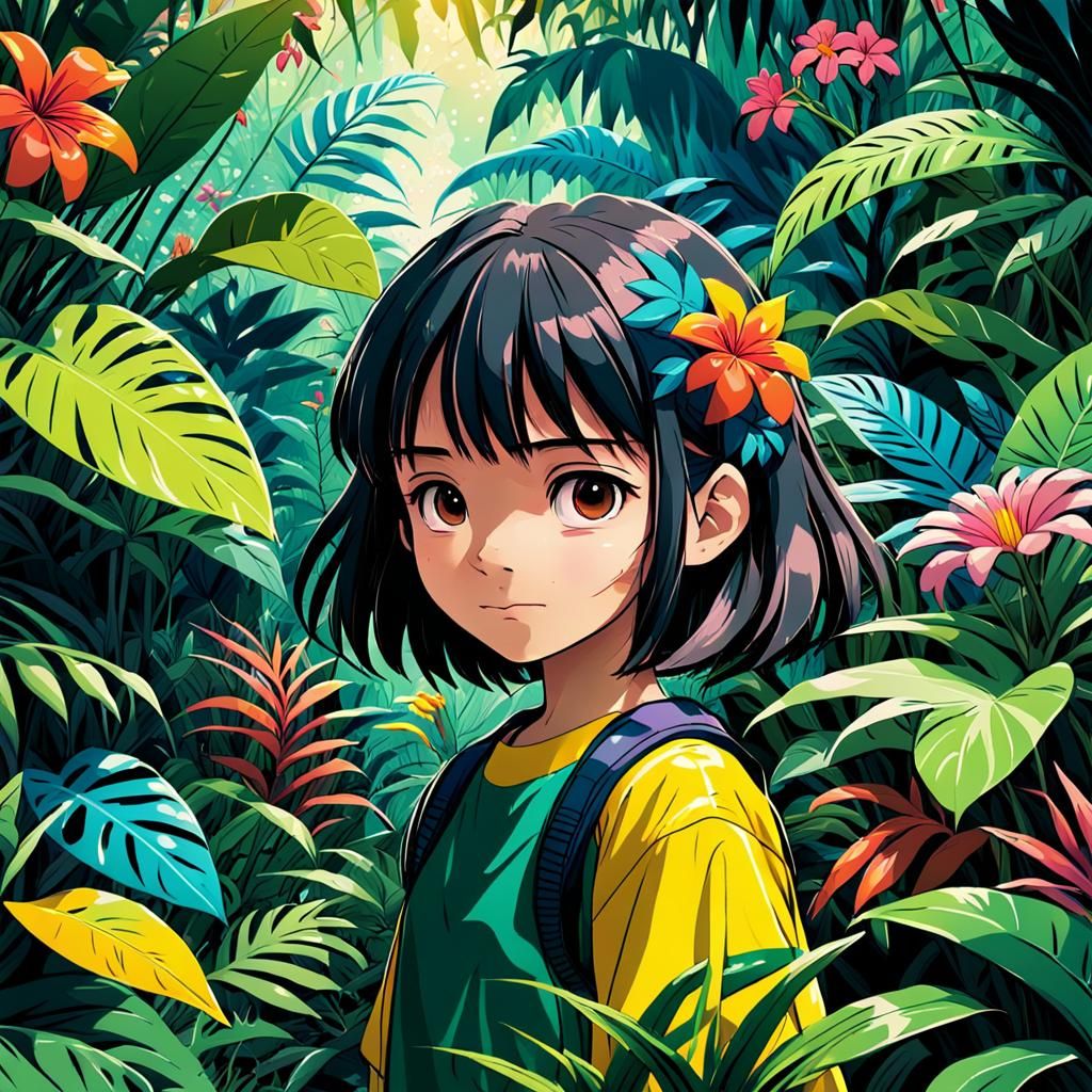 Anime Girl in Jungle with Bold Manga Style