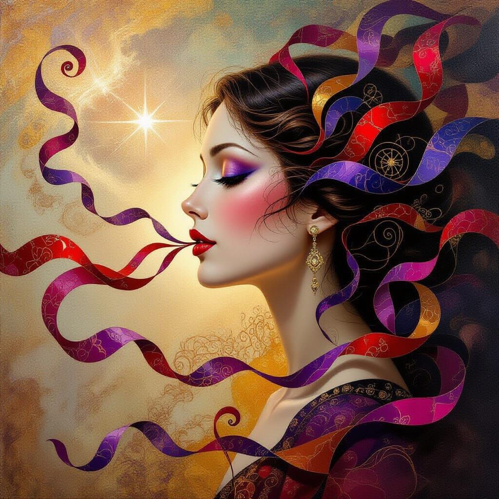 Surrealist Oil Painting of Ethereal Lips Binding a Figure