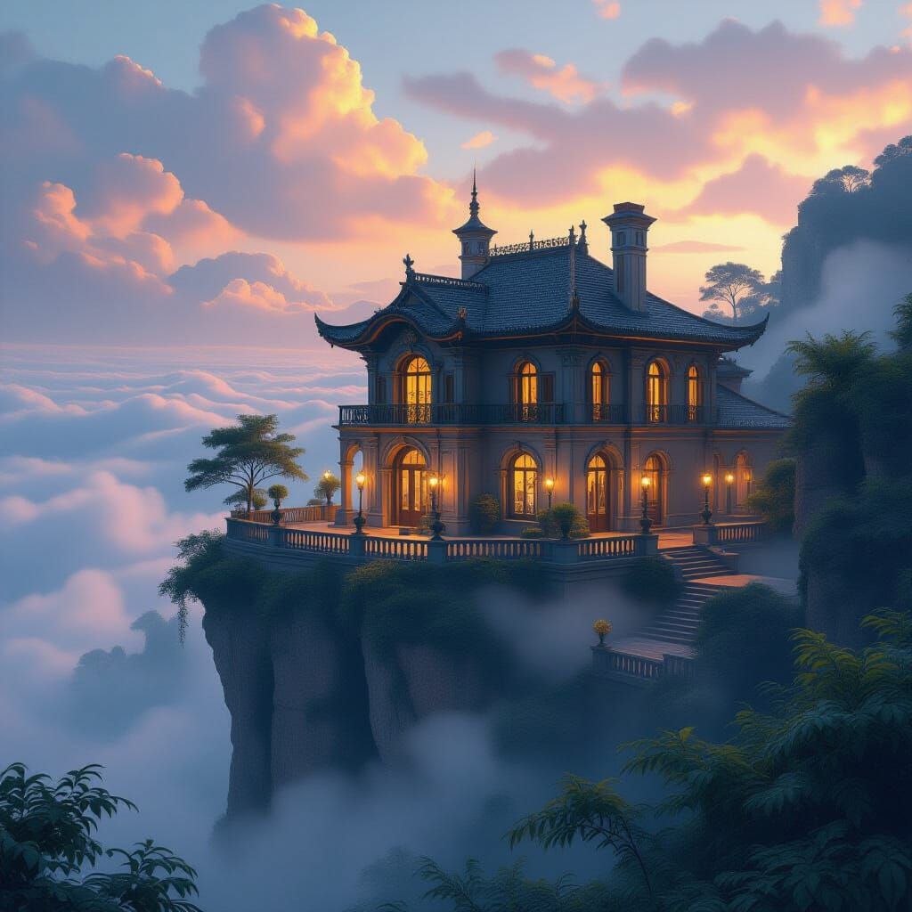 Cliffside House Above Clouds: Fantasy Concept Art
