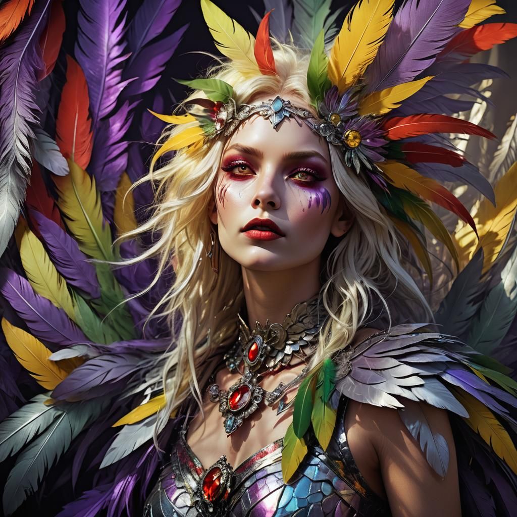 Dark Fantasy Woman with Silver Skin and Feathers