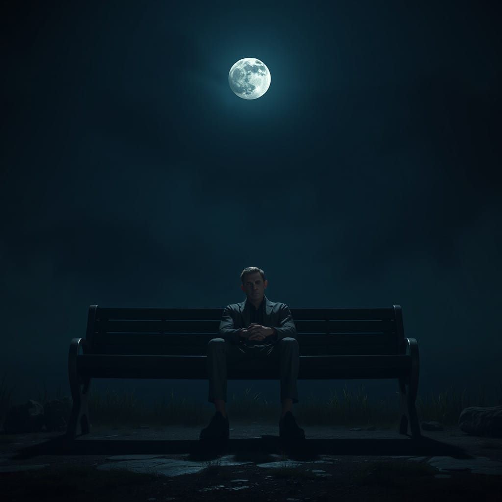 Lonely Figure Illuminated by Moonlight in a Fantastical Scen...