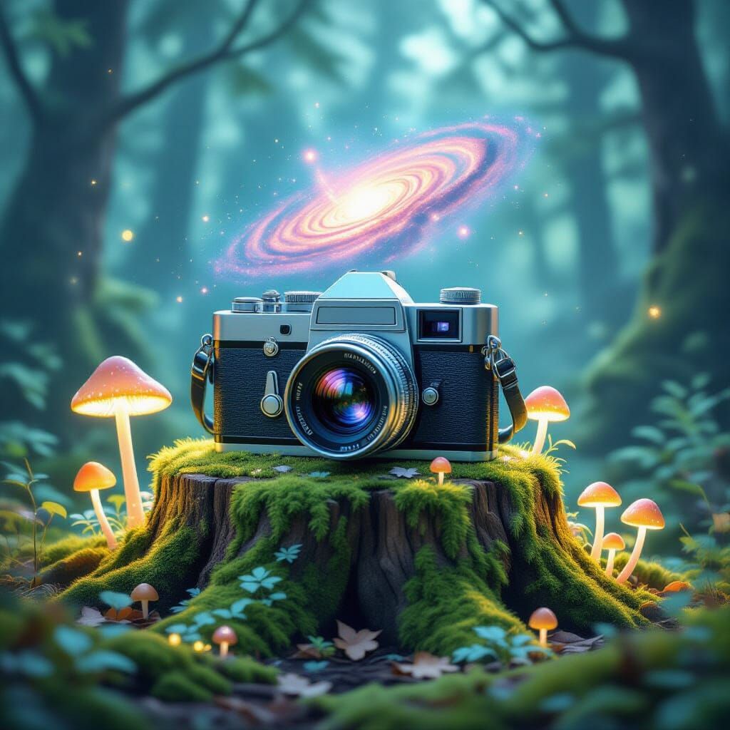 Enchanted Forest Camera Reflects Nebula in Watercolor Style