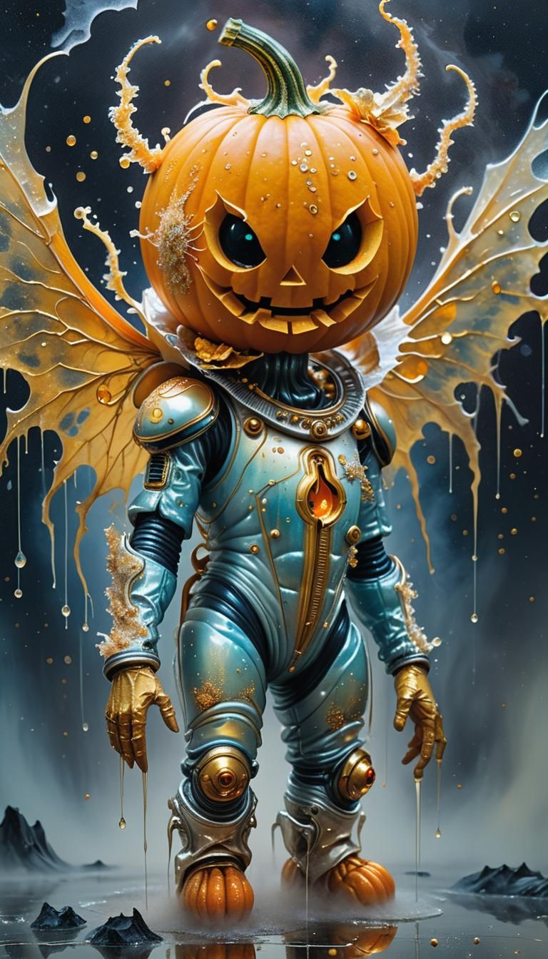Pumpkin Creature in Spacesuit: Surreal Digital Painting