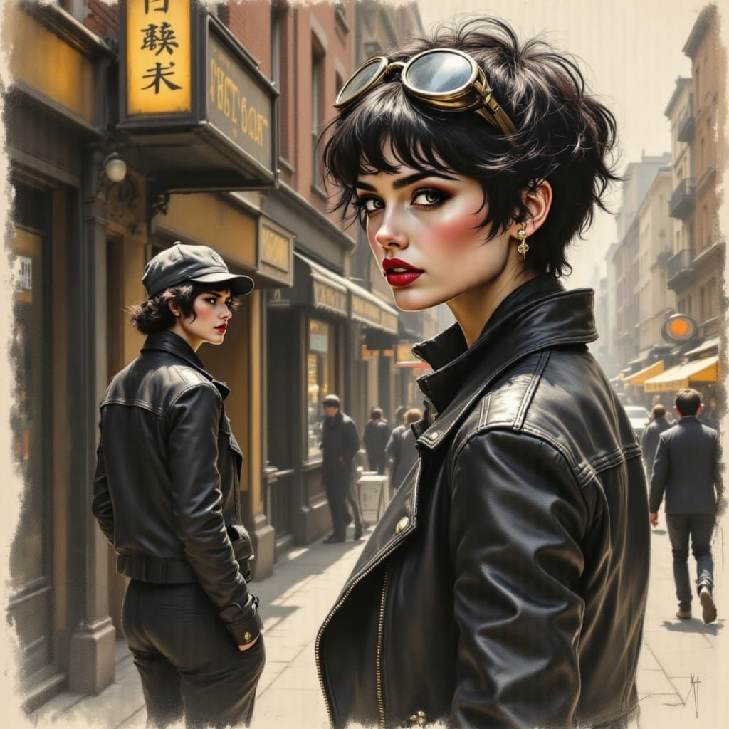 Two Women in a Gritty Urban Scene, Golden Light