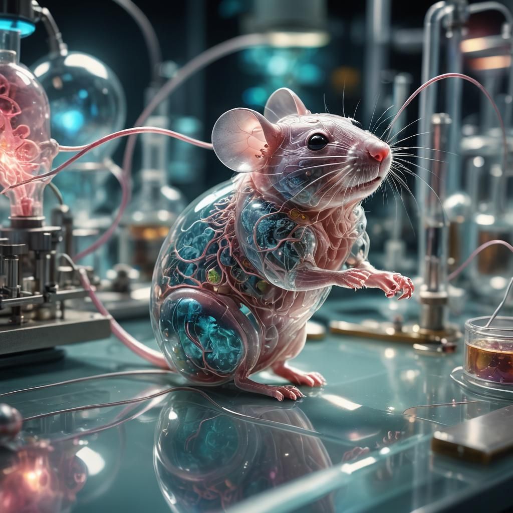 Surreal Transparent Mouse in Laboratory, Digital Illustratio...