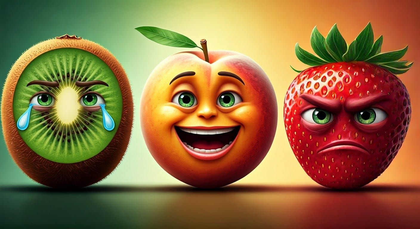 Fruits in Hyper-Realistic Digital Painting Expressing Emojis