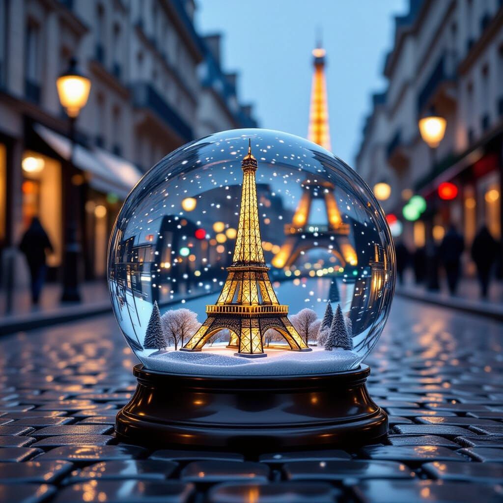 Paris Snow Globe on Cobblestone Street
