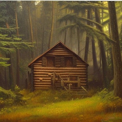 Old Cabin in Shadowy Forest: Oil Painting