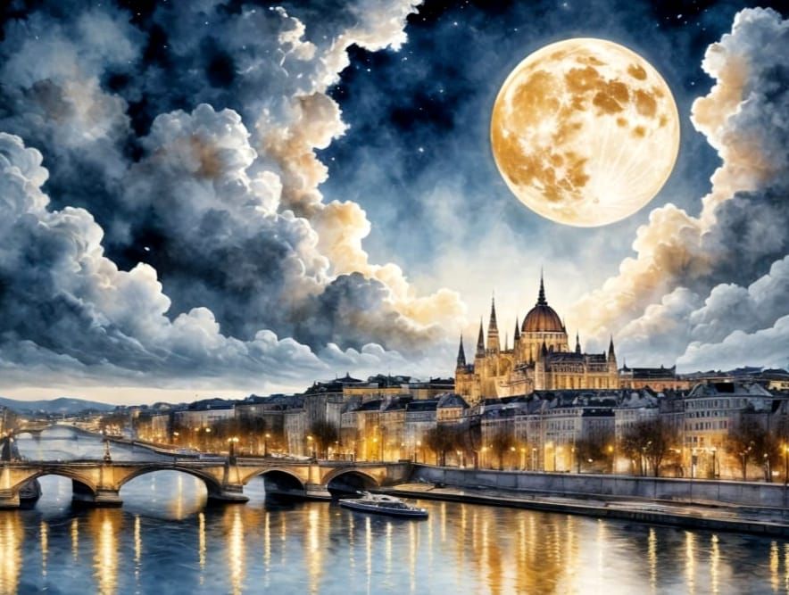 Moonlit Budapest Dreamscape in Watercolor