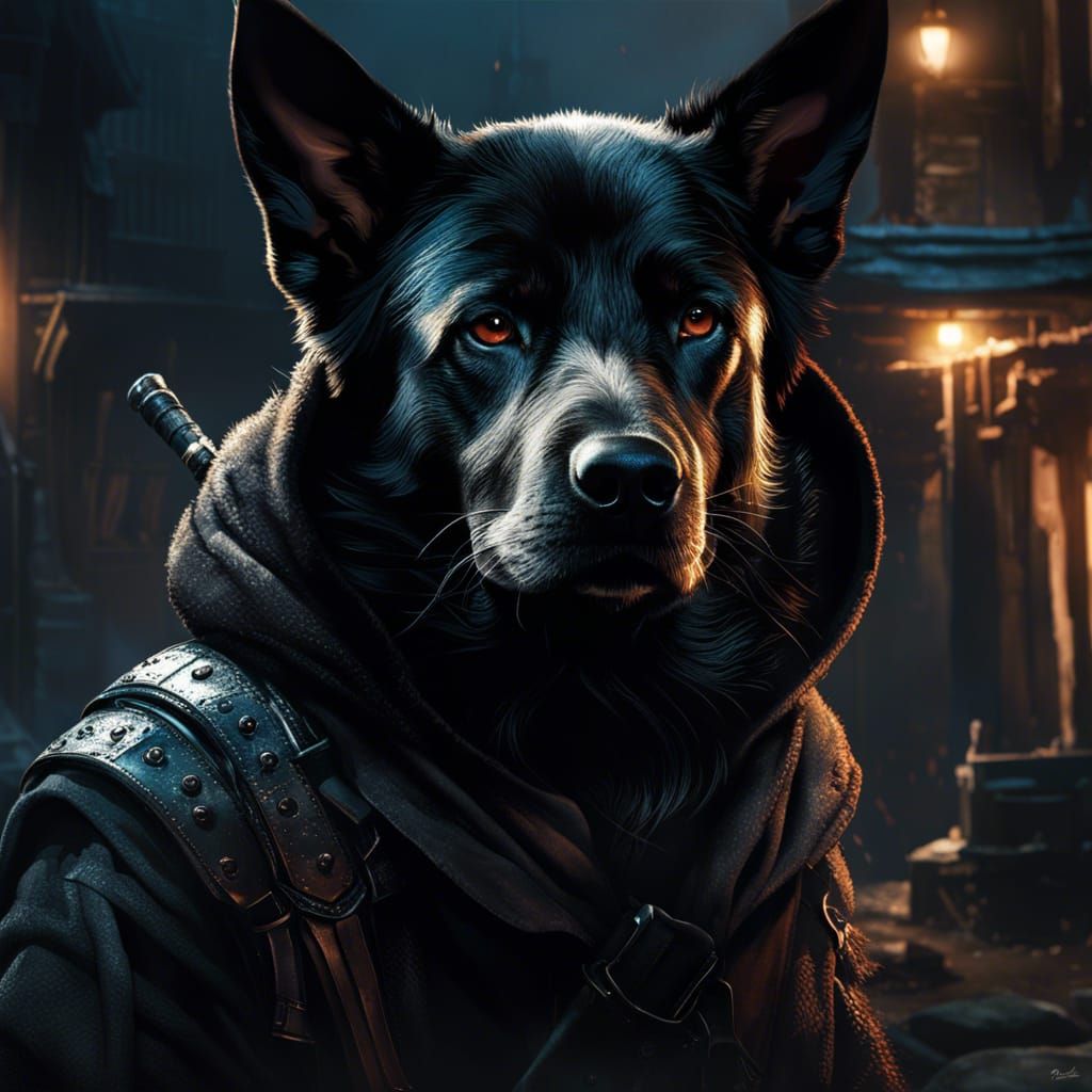 Assassin Dog Portrait in Dark Cinematic Style