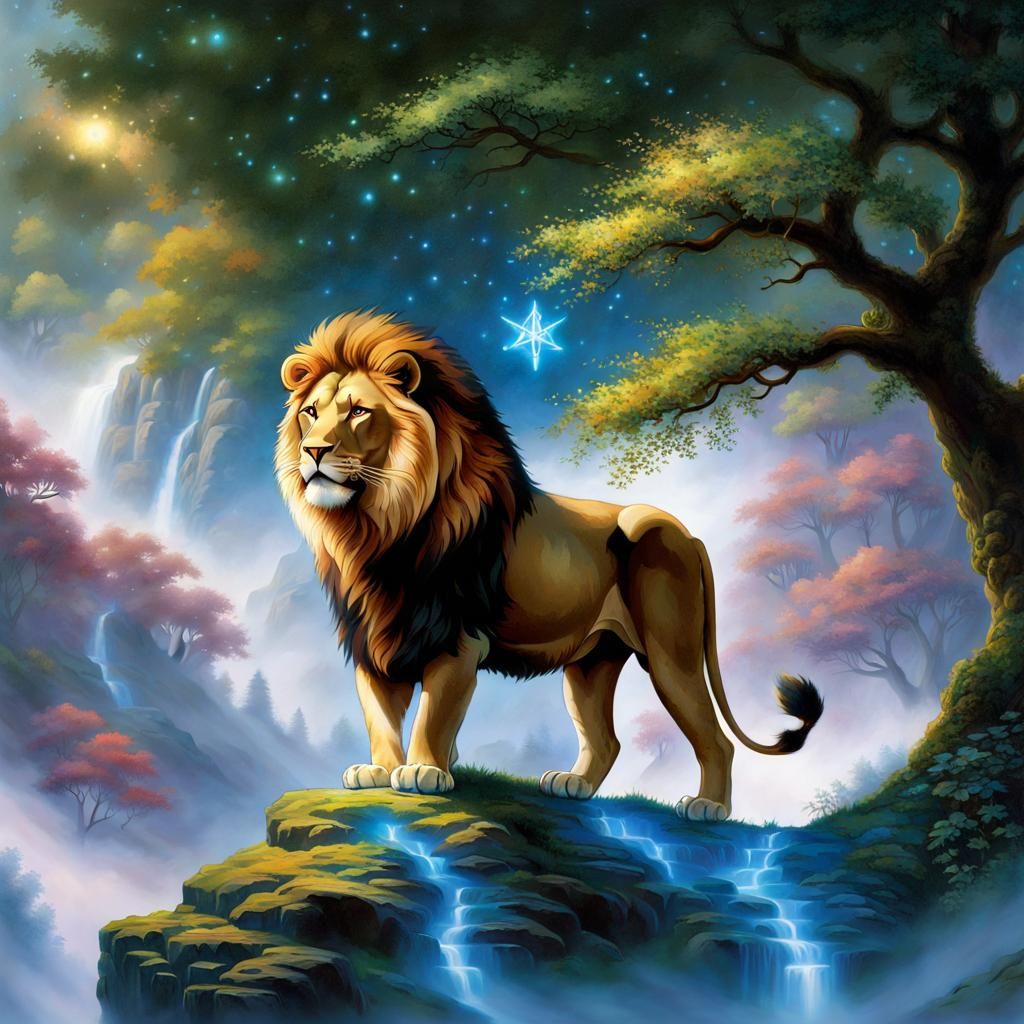 Ethereal Lion in Fantasy Landscape
