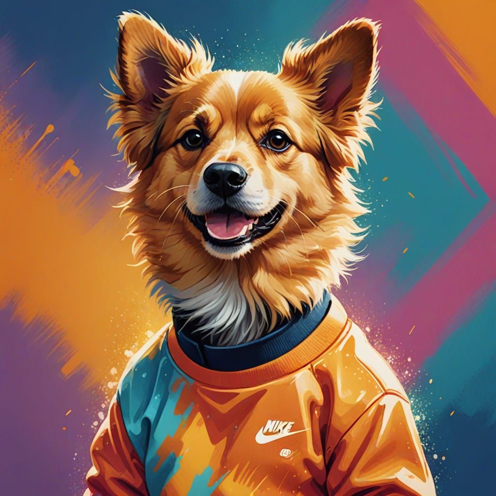 Cute Dog in Nike Sweatshirt, Digital Painting Style